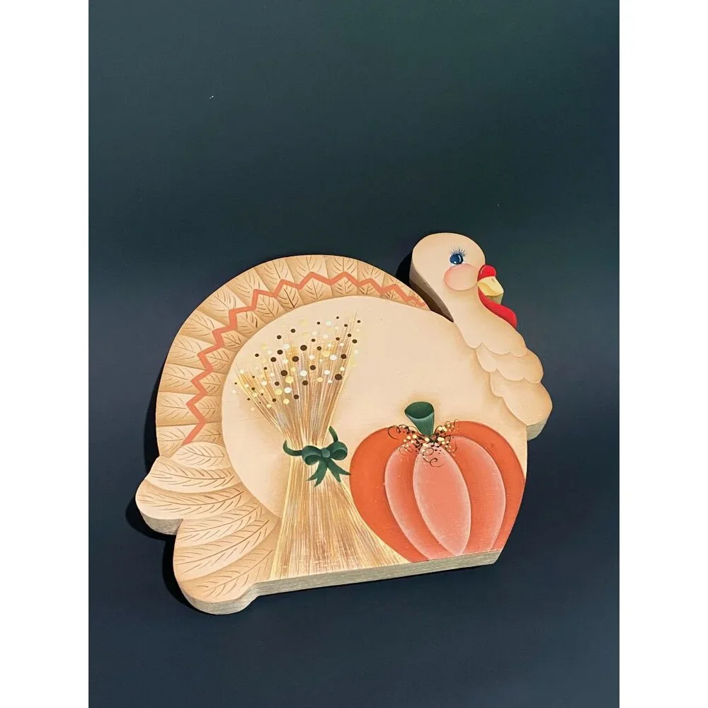 vintage Americana hand painted wooden cookie jar‎ lids/decor turkey fall pumpkin
